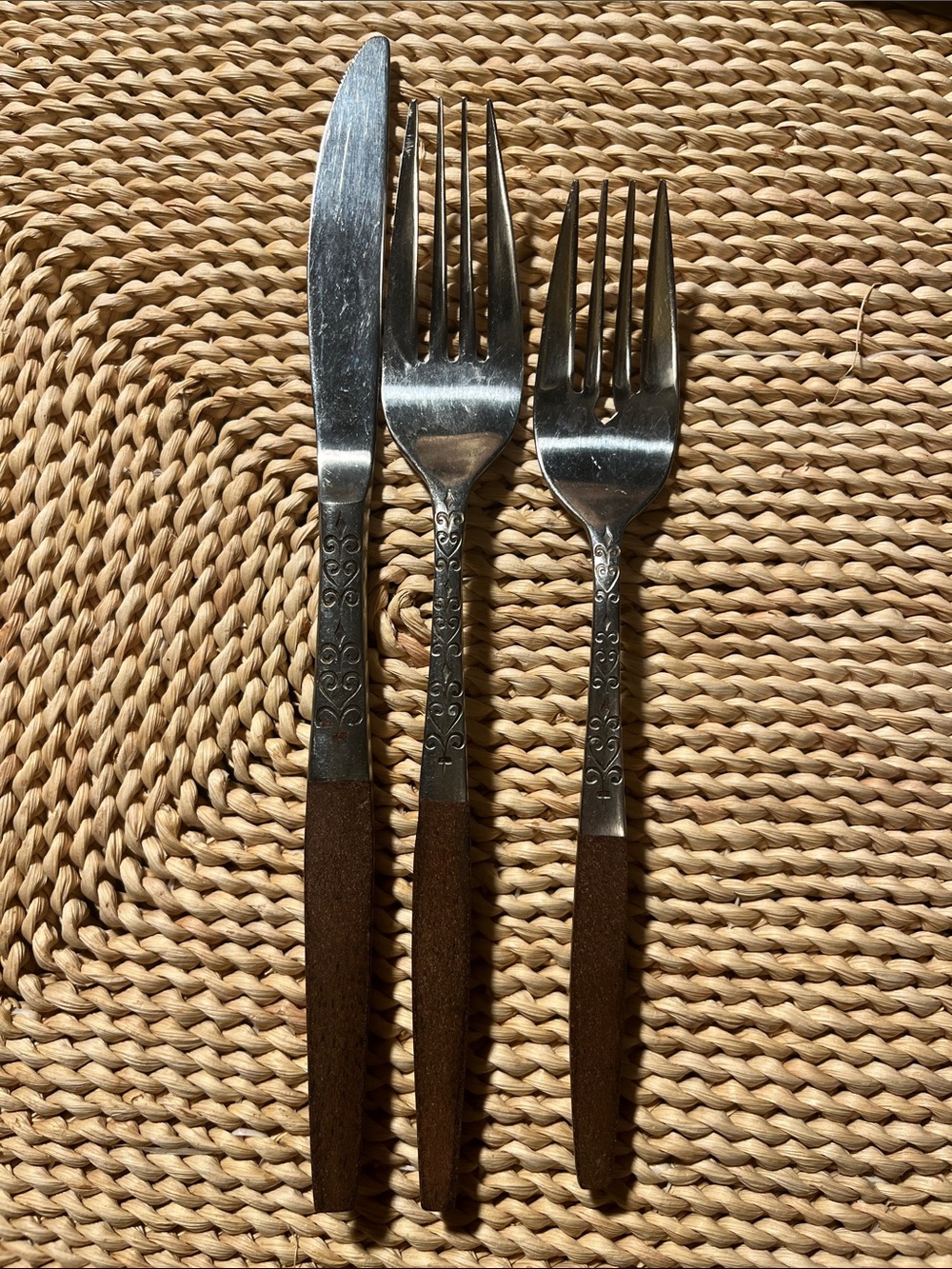 Vtg MCM Interpur 12 pc Wood Handle Silverware 4 knives 4 sm and 4 lg forks